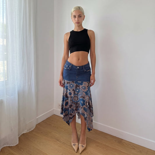 Vintage Blue Denim Floral Mesh Midi Skirt Saxx Jeans Y2K (S)