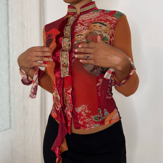 Rare Italian vintage Y2K red orange graphic print semi-sheer mesh top with sequin embellishments, lace back and ruffle trim