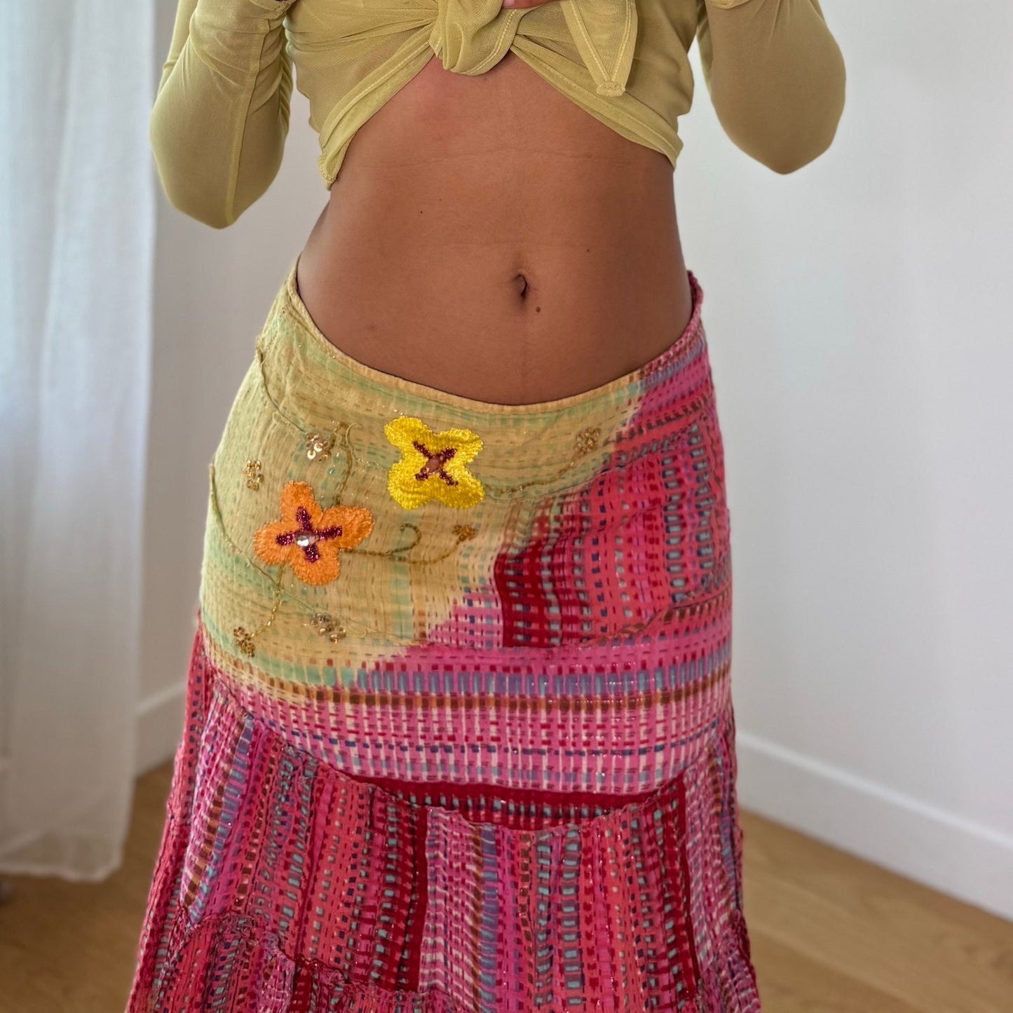Vintage Yellow Pink Patchwork Handkerchief Maxi Skirt Italian Deadstock (S)