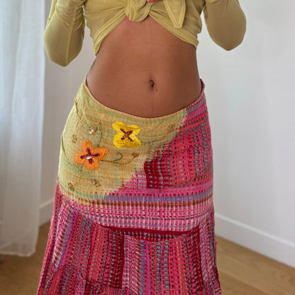 Vintage Yellow Pink Patchwork Handkerchief Maxi Skirt Italian Deadstock (S)