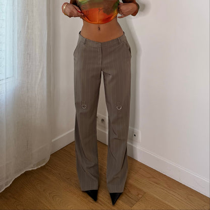 Italian Vintage Green Pinstripe Low Rise Wide Leg Trousers with Silver Ring Hardware