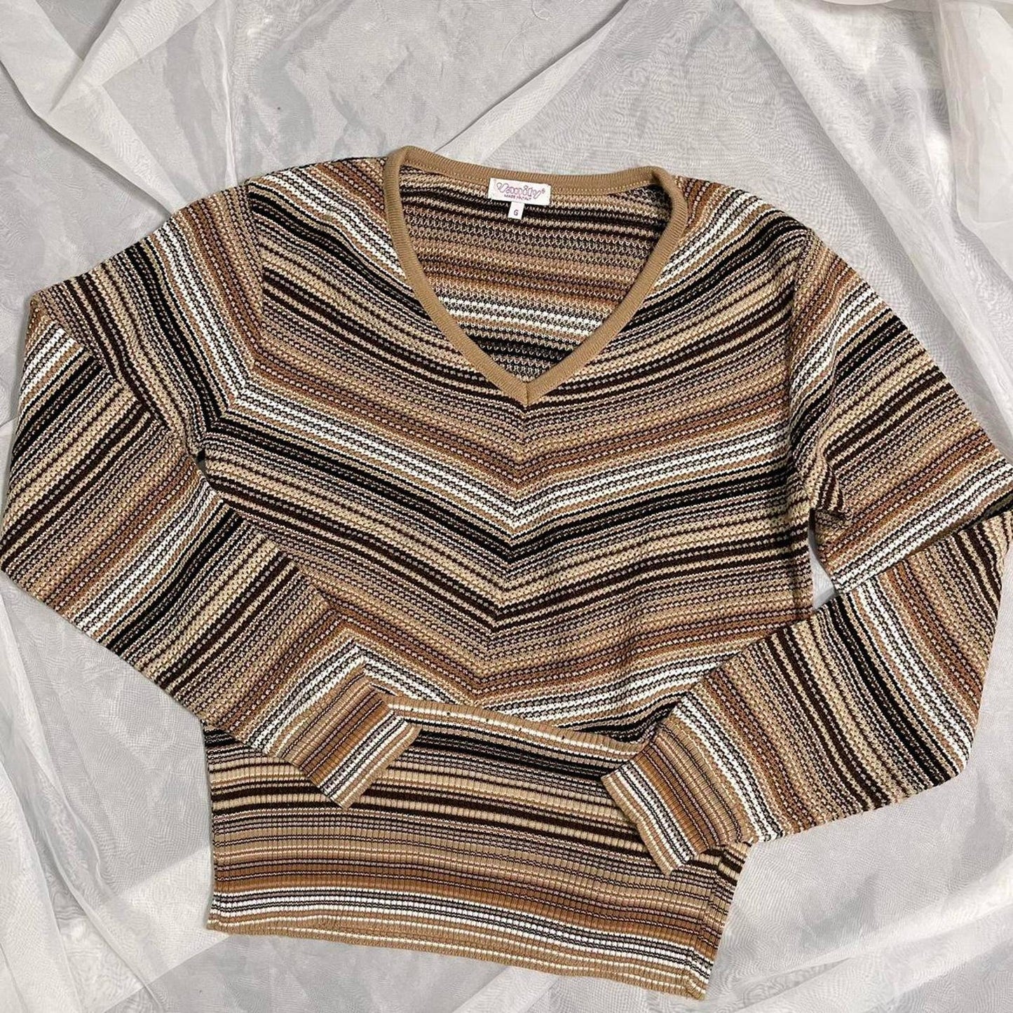 Vintage Beige Banded Hem Stripe Knit Sweater (S-L)